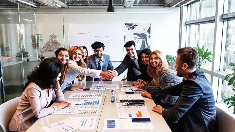 Reunión exitosa, equipo diverso, beneficios de patrocinio