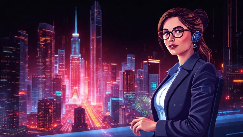 Una empresaria analiza datos futuristas