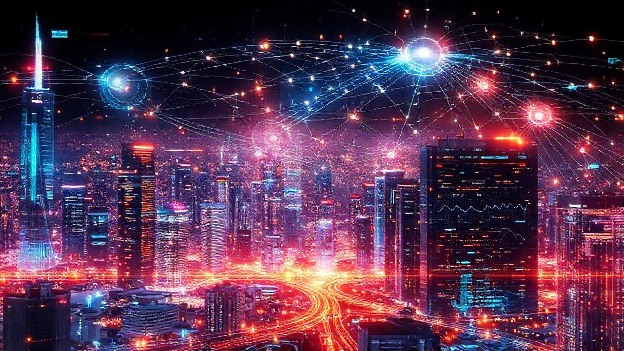 Ciudad futurista con datos holográficos y análisis