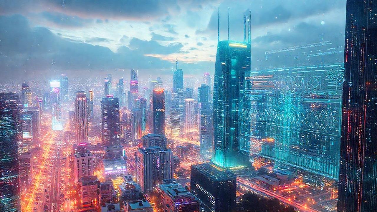 Una ciudad futurista digitalmente brillante emerge