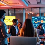 Equipo moderno colabora en un espacio brillante