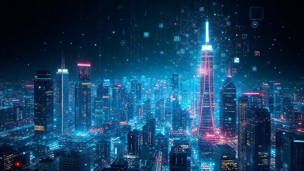 Ciudad futurista digitalmente iluminada y compleja