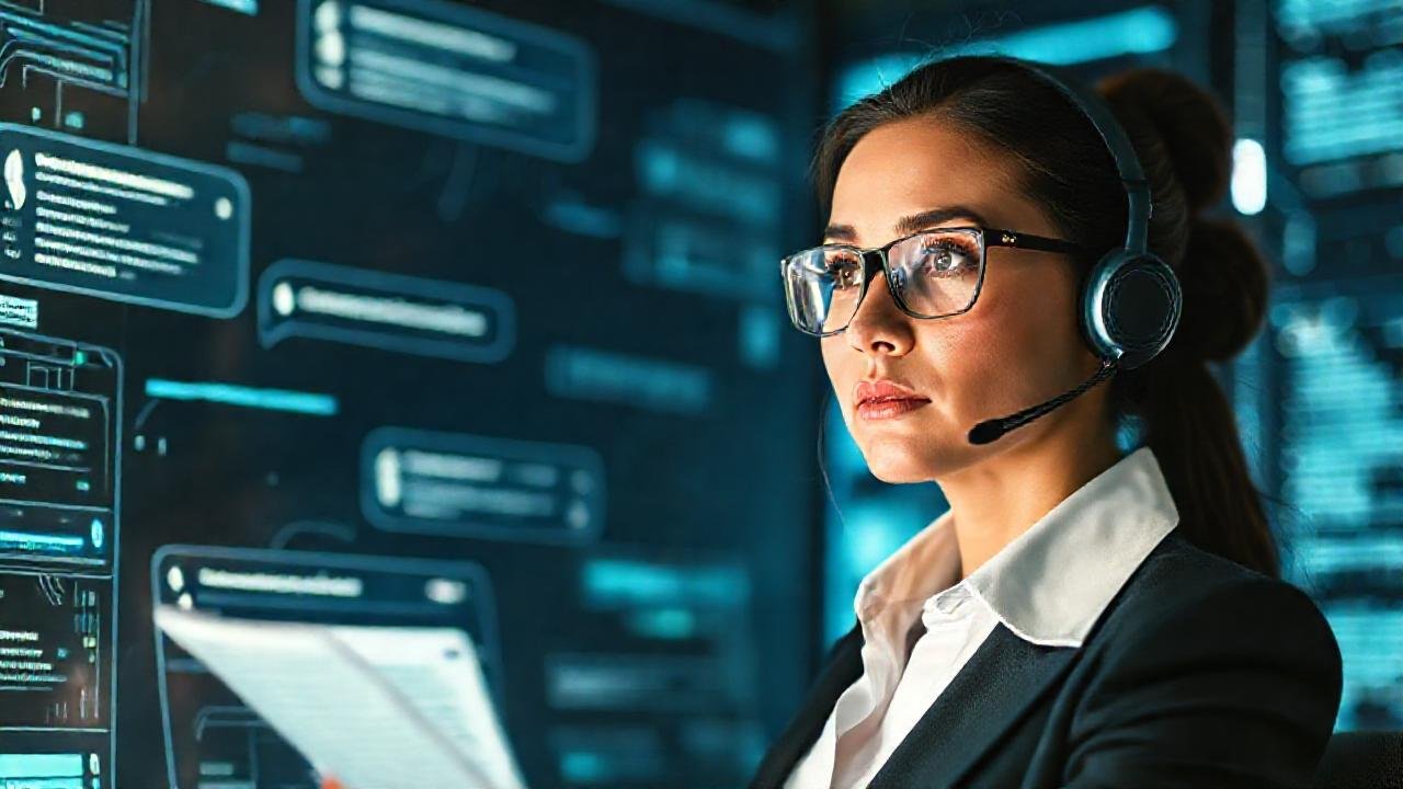 Asistente virtual en entorno corporativo futurista