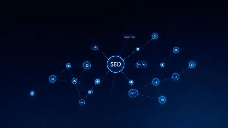 Diagrama SEO digital, azul, minimalista, brillante
