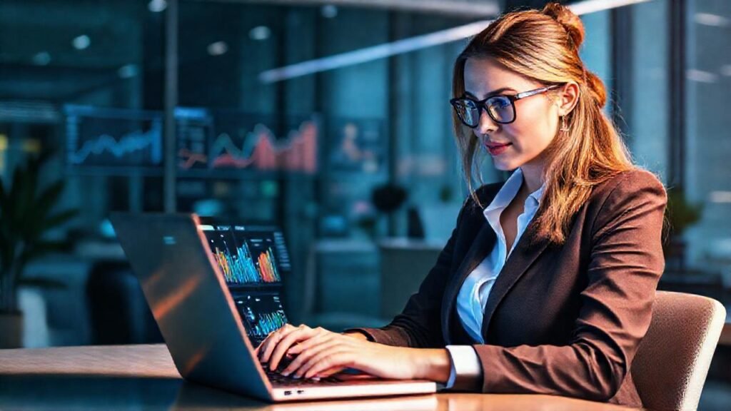 Una mujer exitosa triunfa en marketing digital