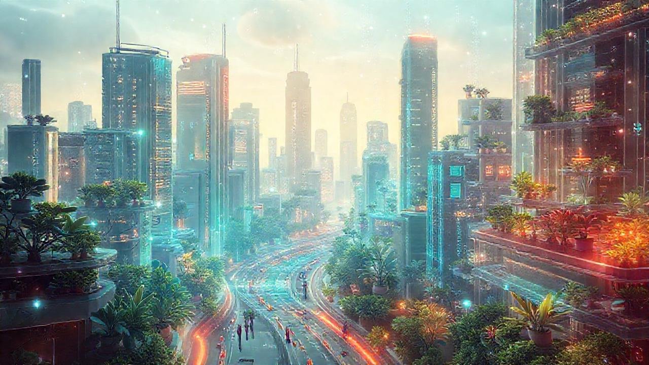 Ciudad futurista, brillante y optimista