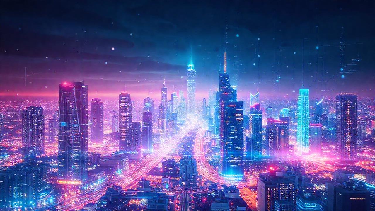 Ciudad futurista con redes neuronales digitales