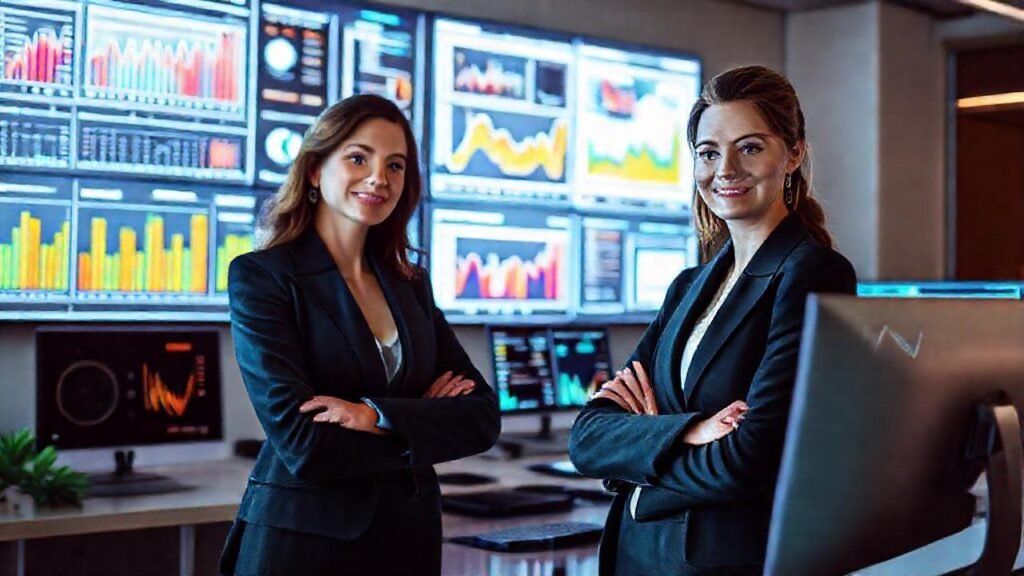 Una mujer exitosa planifica digitalmente el futuro