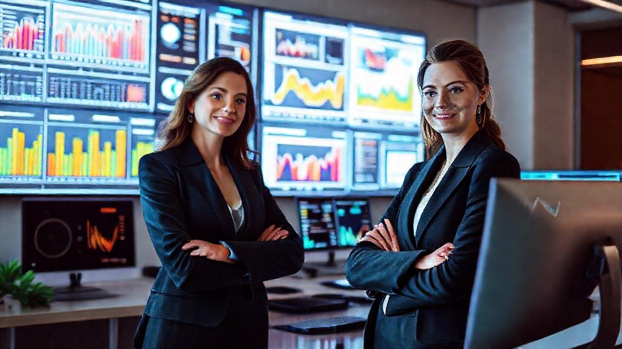 Una mujer exitosa planifica digitalmente el futuro