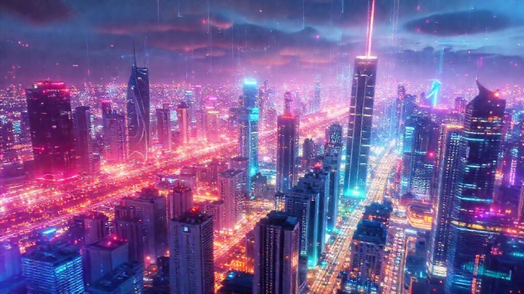 Una ciudad digital futurista brilla intensamente