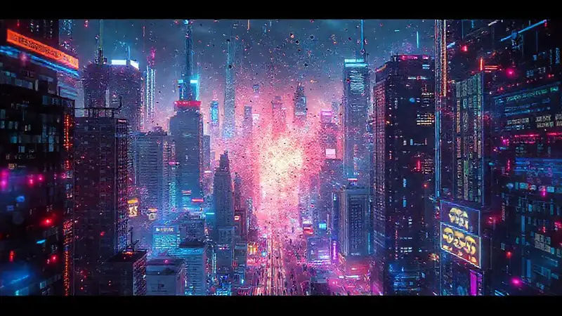 Ciudad futurista: caos digital vibrante
