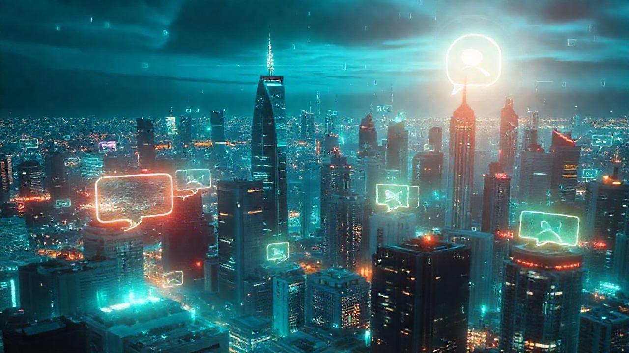 Ciudad futurista, luces y datos vibrantes