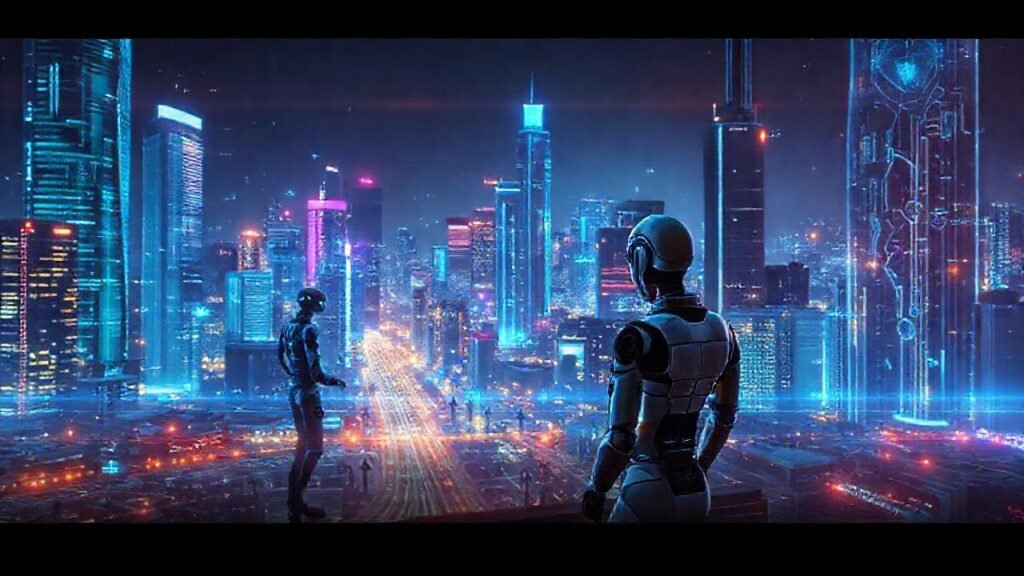 Ciudad futurista con IA y hologramas