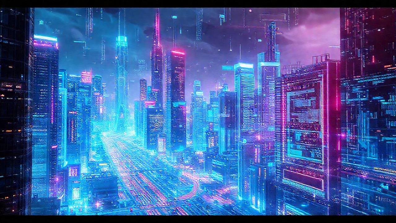 Ciudad futurista digitalmente brillante y optimista