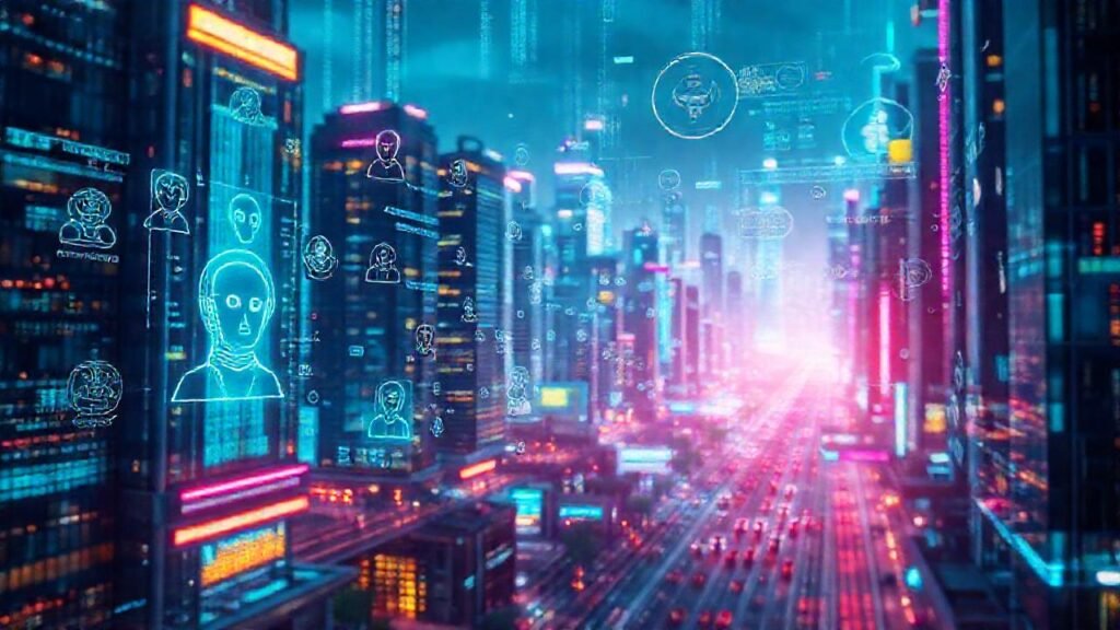 Ciudad futurista digitalmente brillante y compleja