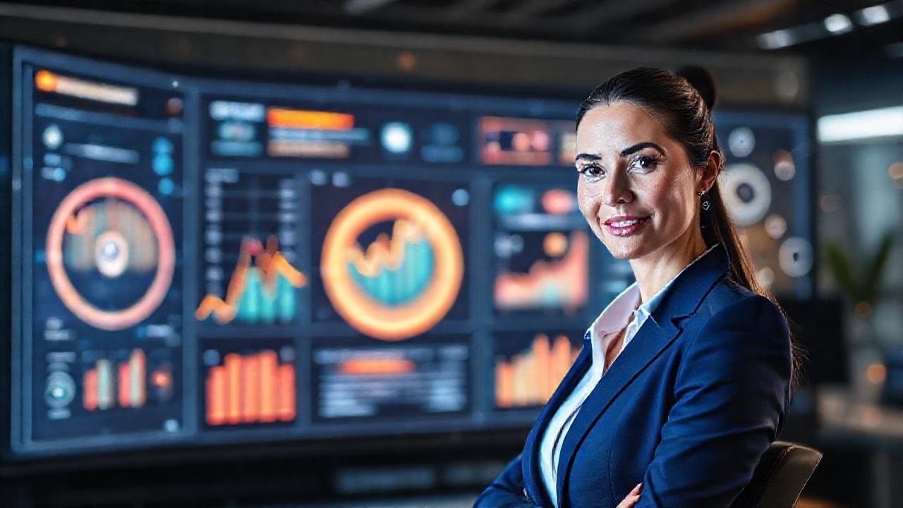 Una ejecutiva moderna visualiza datos brillantes