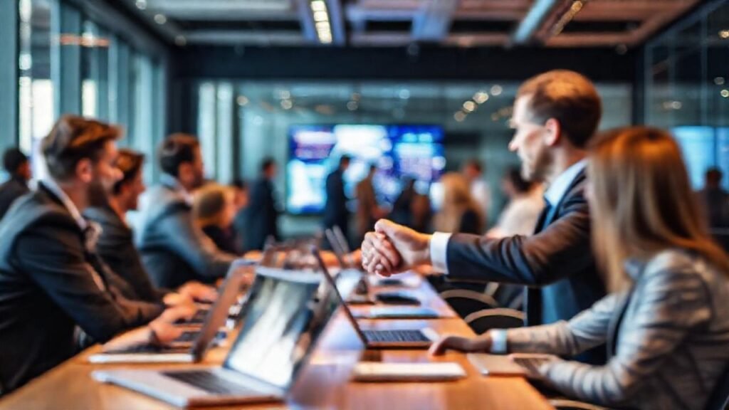 Oficina moderna fomenta conexiones profesionales digitales