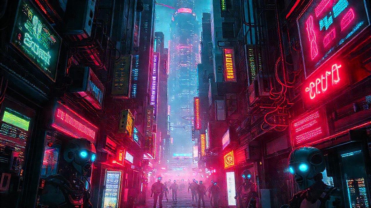 Ciudad cyberpunk, luces, datos y ansiedad