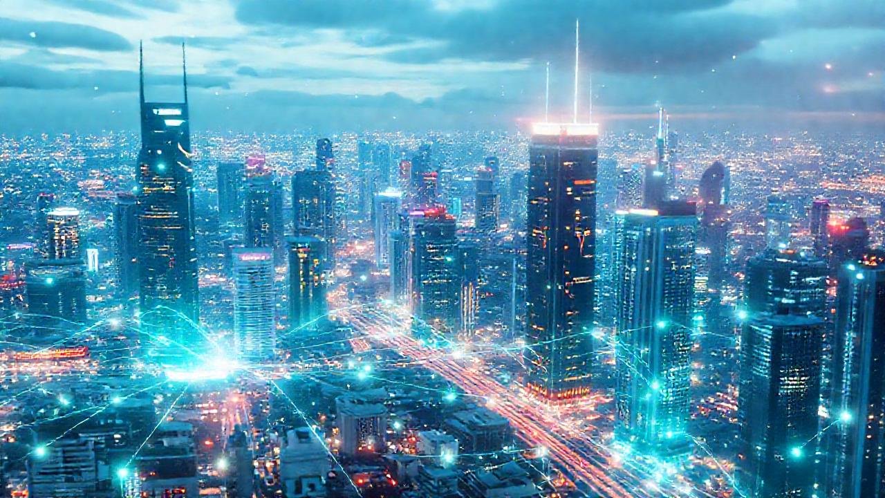 Ciudad futurista digitalmente brillante y conectada