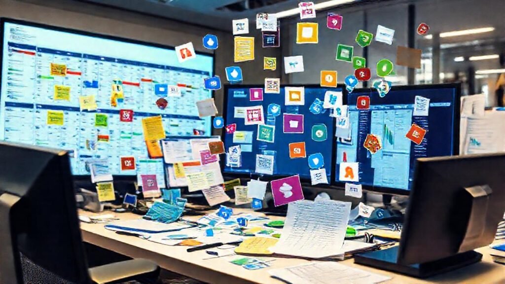 Un profesional estresado gestiona un caos digital