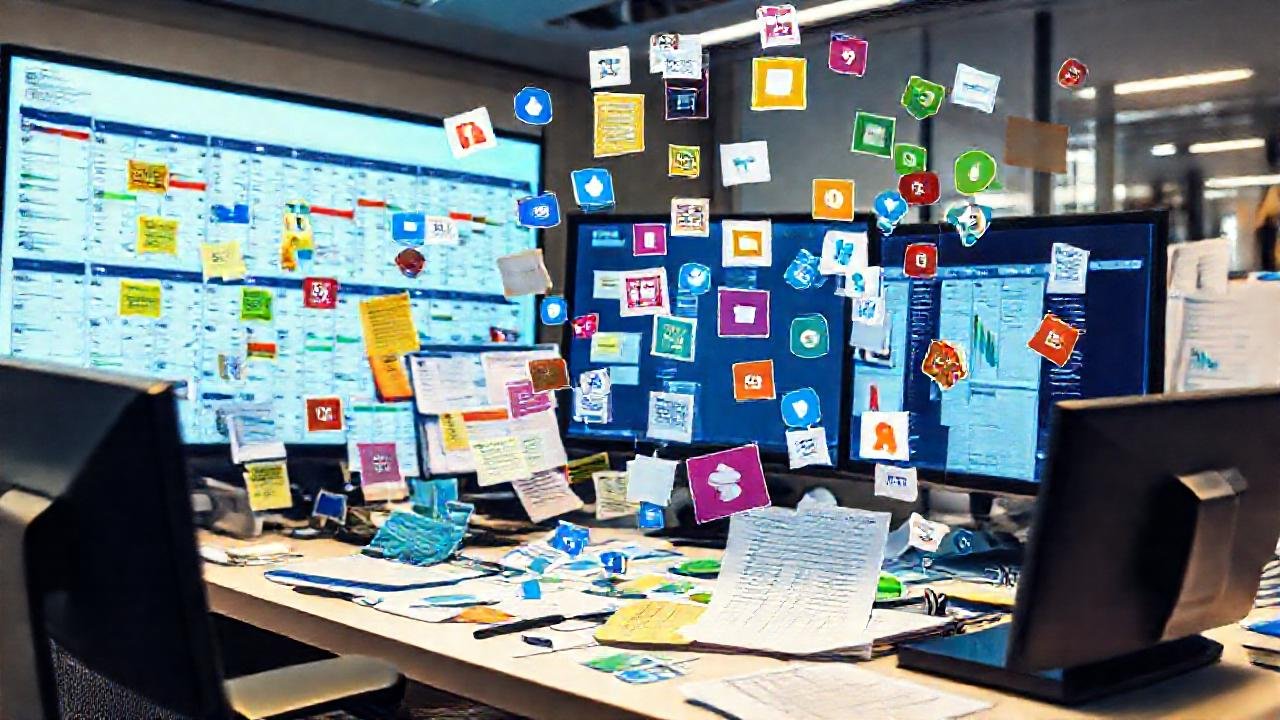 Un profesional estresado gestiona un caos digital