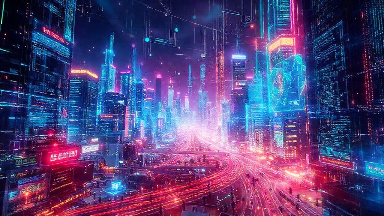 Ciudad futurista digital, brillante y dinámica