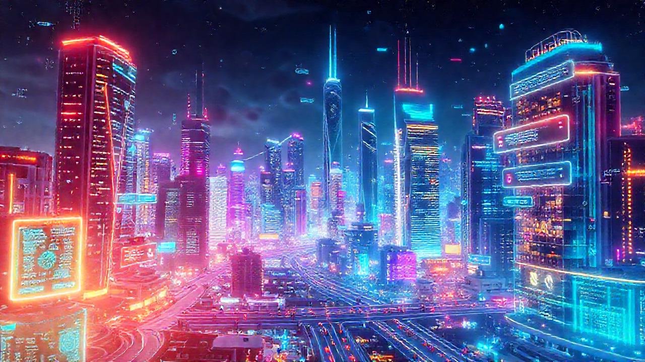 Ciudad futurista, tecnología y chatbots brillantes